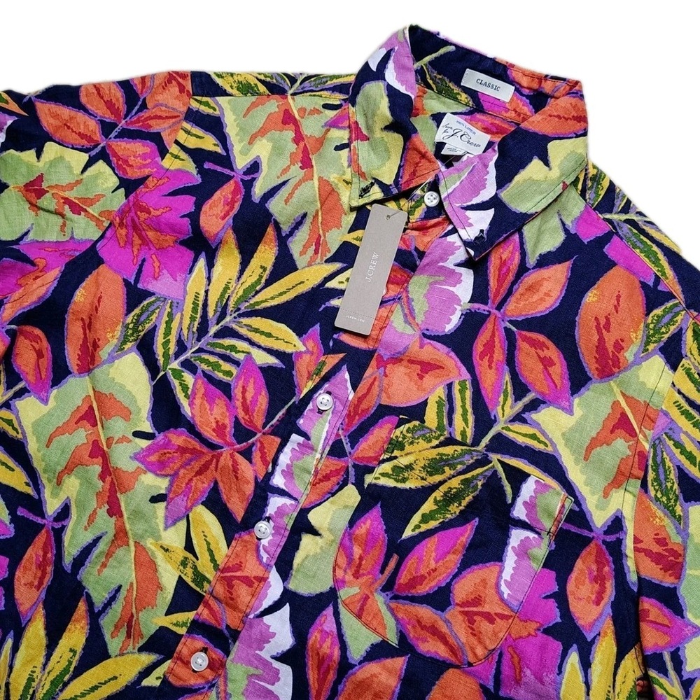 J Crew Shirt Mens Small 100% Linen Floral Hawaiian Button Up Classic Fit Camp